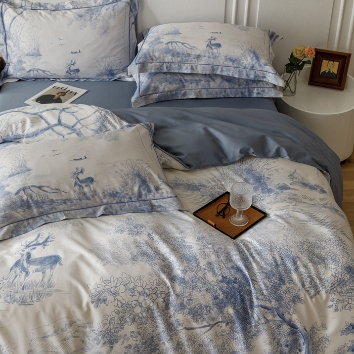 91家纺网 家纺一手货源 找家纺 金奇达2025新款【休闲午后】-轻氧水光莱赛尔四件套（标准号全网控价（折后券后）不低于258） 路易莎-蓝