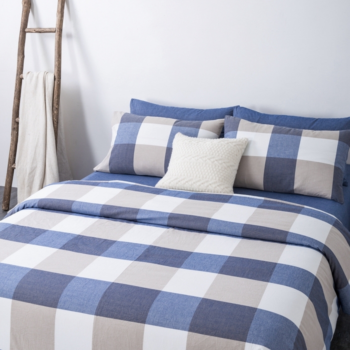 91家纺网 家纺一手货源 找家纺 玖弘家居 2025新款水洗棉单被套 蓝大格