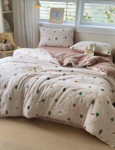 91家纺网 家纺一手货源 找家纺 2025新款40s全棉双层纱圆角吊边款四件套乐童-咖