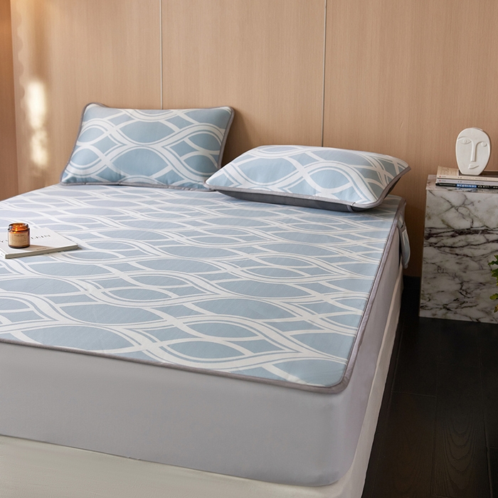 91家纺网 家纺一手货源 找家纺 千朵森 2025新款冰岛冰感丝床笠款凉席三件套-风格二 冰岛-晴空蓝