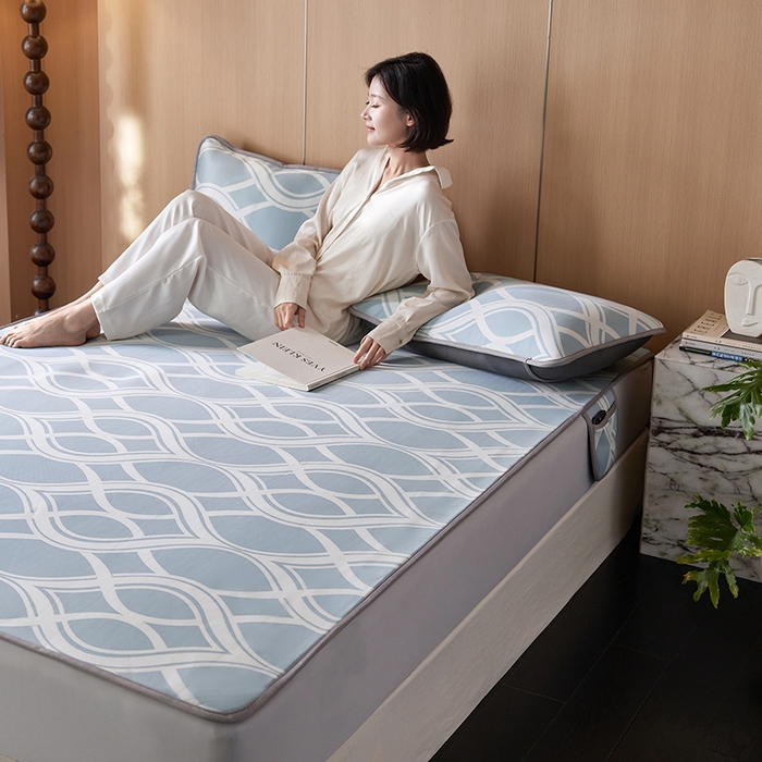 91家纺网 家纺一手货源 找家纺 千朵森 2025新款冰岛冰感丝床笠款凉席三件套-风格二 冰岛-晴空蓝