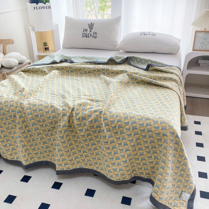 91家纺网 家纺一手货源 找家纺 鸣升家纺 2025新款a类全棉三层纱多功能毛巾被盖毯床单夏被空调被 风车黄