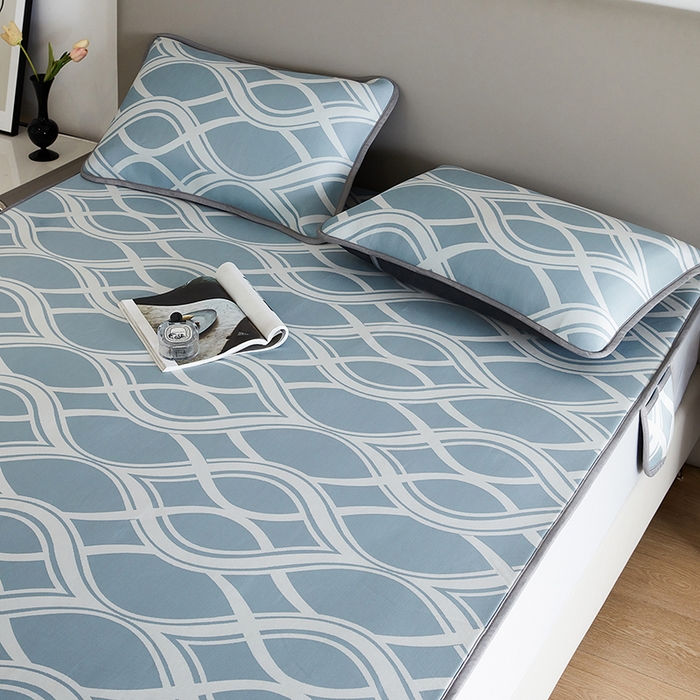 91家纺网 家纺一手货源 找家纺 千朵森 2025新款冰岛冰感丝床笠款凉席三件套-风格一 冰岛-晴空蓝