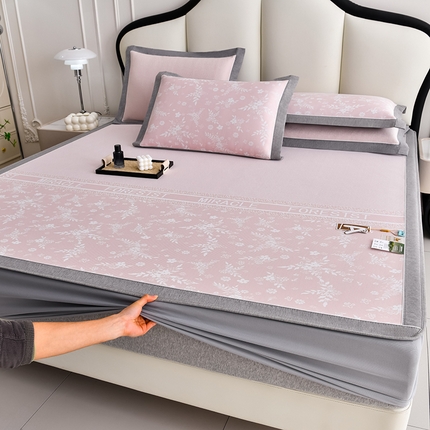 小牛席业 2025新款半定位小提花小提花凉感冰丝席系列（床笠款）凉席藤席冰藤双面席冰丝席竹席凉席空调席草席三件 粉色