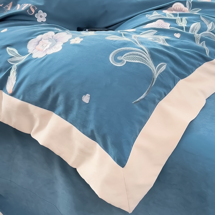 91家纺网 家纺一手货源 找家纺 （总）曲之慕 2025新品四季款高端刺绣四件套简约可水洗轻奢纯色刺绣四件套--馨花漫舞