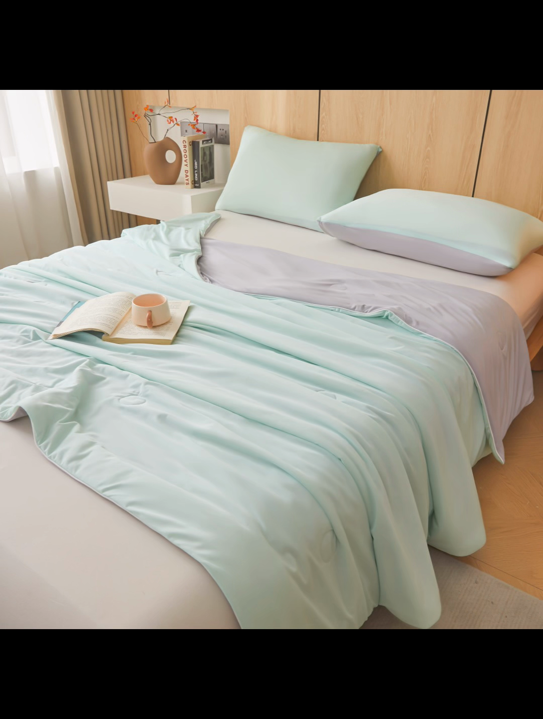 91家纺网 家纺一手货源 找家纺 居易简 2025新款夏被空调被A类云母氨纶凉感丝夏凉被（可供外贸跨境）  云母绿+山灰