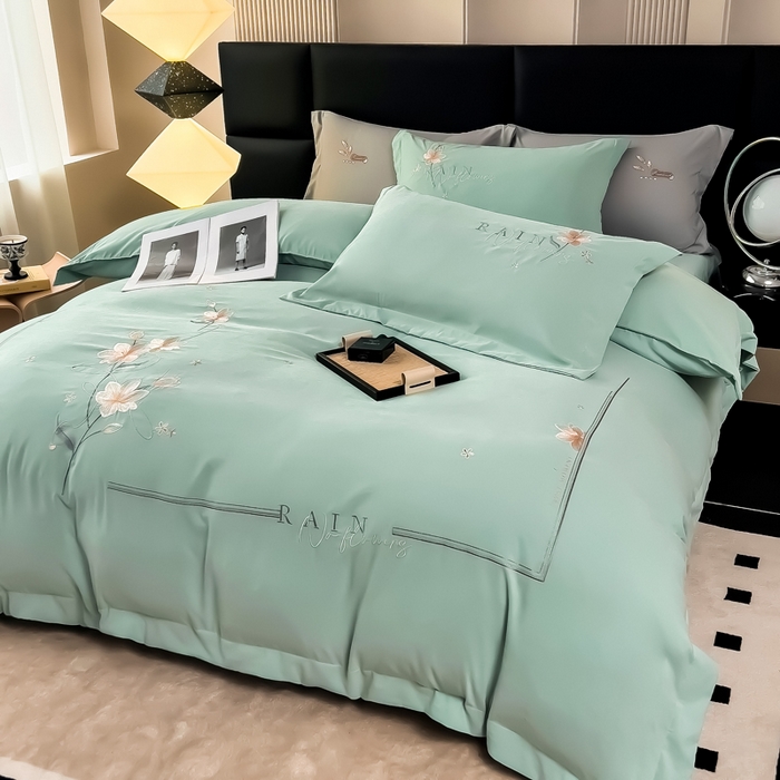 91家纺网 家纺一手货源 找家纺 曲之慕 2025新品四季款高端刺绣四件套简约可水洗轻奢纯色刺绣四件套 流光浅绿