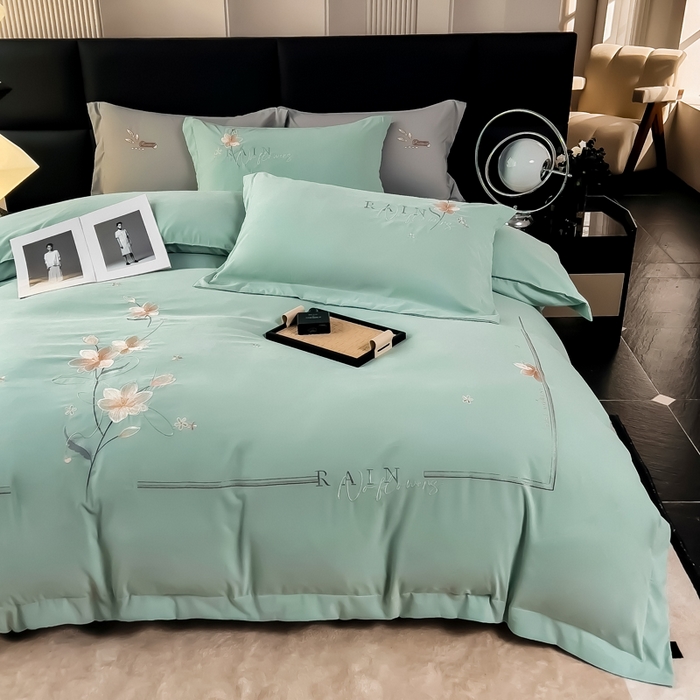 91家纺网 家纺一手货源 找家纺 曲之慕 2025新品四季款高端刺绣四件套简约可水洗轻奢纯色刺绣四件套 流光浅绿