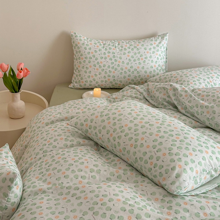 91家纺网 家纺一手货源 找家纺 塞纳 2026新款.全棉有氧双层纱四件套-场景二-大橘大利-绿