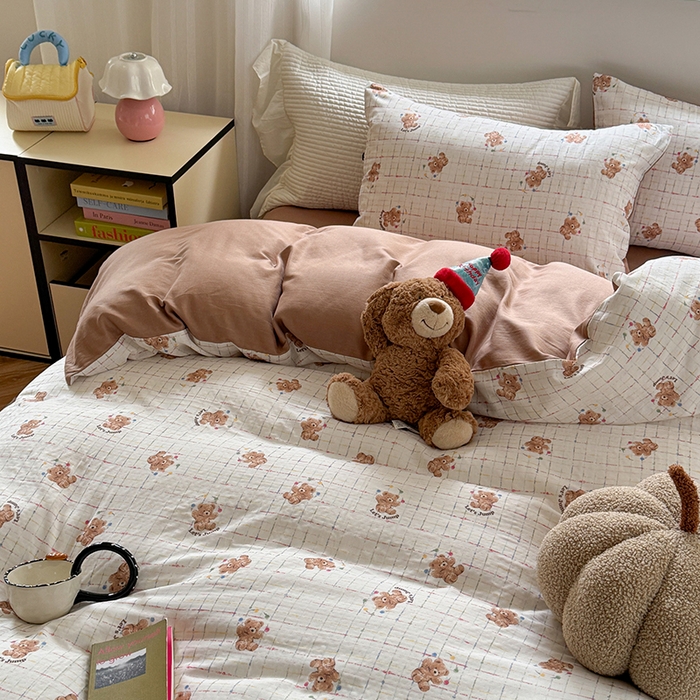 91家纺网 家纺一手货源 找家纺 2025新款全棉有氧双层纱四件套-卡通系列 跳跳熊