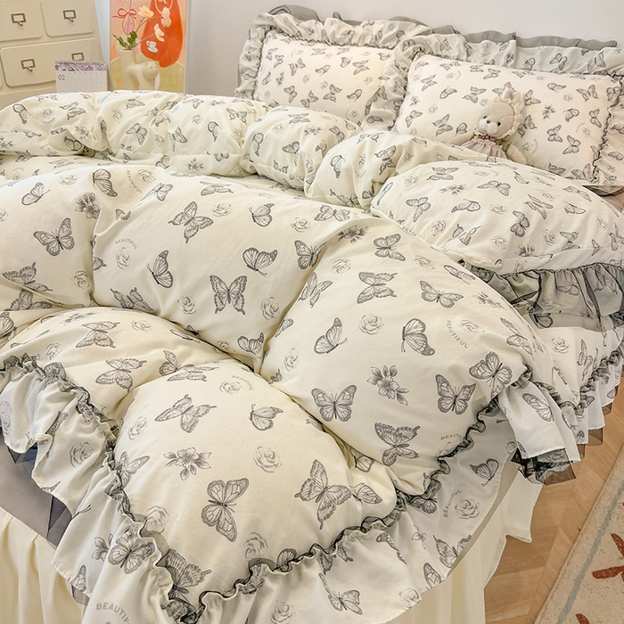 91家纺网 家纺一手货源 找家纺 眠帛家居 2025新款A类皱皱纱蕾丝花边四件套 蝶舞