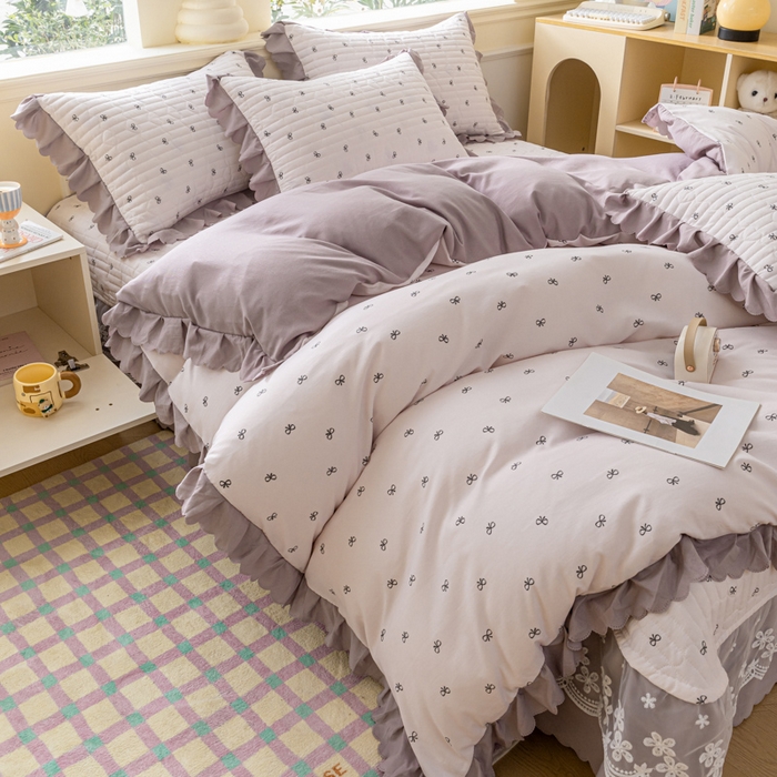 91家纺网 家纺一手货源 找家纺 珍爱家纺 2025新款A类针织棉双层纱夹棉床盖床裙花边单件三件四件套米亚