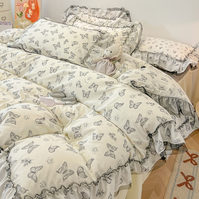 91家纺网 家纺一手货源 找家纺 眠帛家居 2025新款A类皱皱纱蕾丝花边四件套 蝶舞