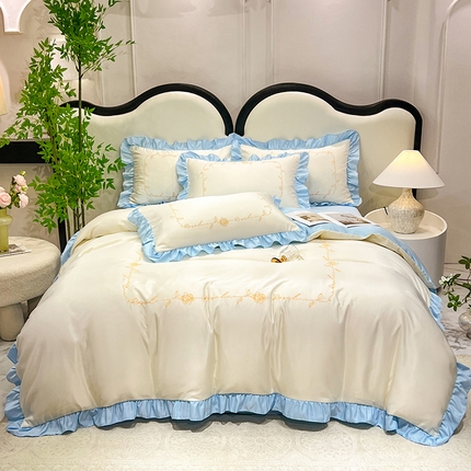 91家纺网 家纺一手货源 找家纺 经年 2025年水洗真丝韩版夏被直播爆款 一世系列 一世-米白蓝