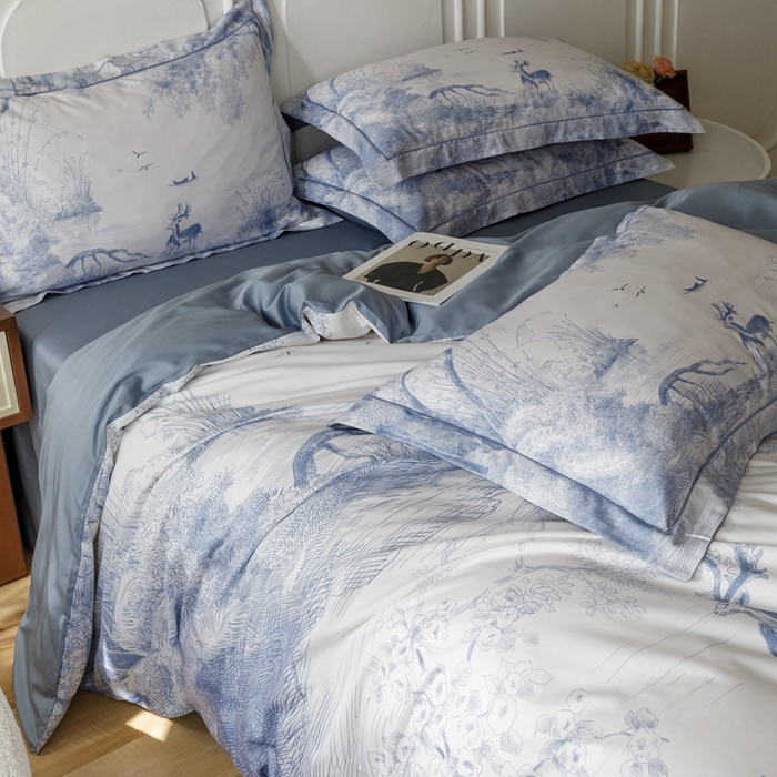 91家纺网 家纺一手货源 找家纺 金奇达2025新款【休闲午后】-轻氧水光莱赛尔四件套（标准号全网控价（折后券后）不低于258） 路易莎-蓝