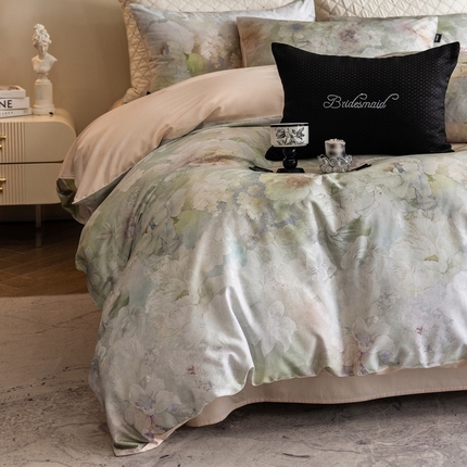 佳汐蓝家纺 2025新款春夏100贡缎长绒棉数码印花四件套 闲云归处-绿