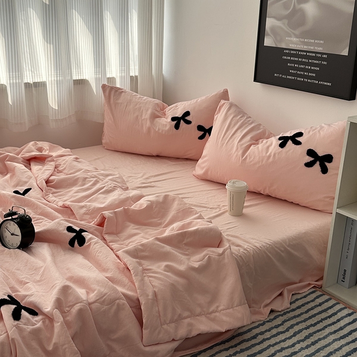 91家纺网 家纺一手货源 找家纺 （总）优色良品家纺 2025新款水洗棉毛巾绣蝴蝶结夏被四件套