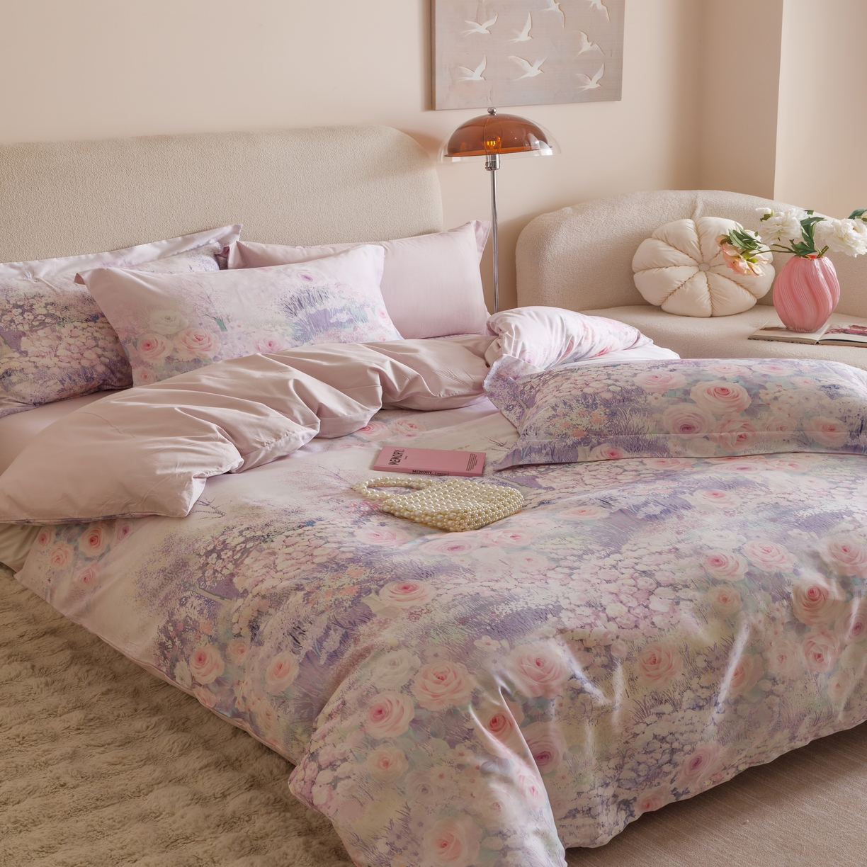 91家纺网 家纺一手货源 找家纺 2025新款【如梦令】红金裸盖棉四件套（标准号 全网控价） 花满溪