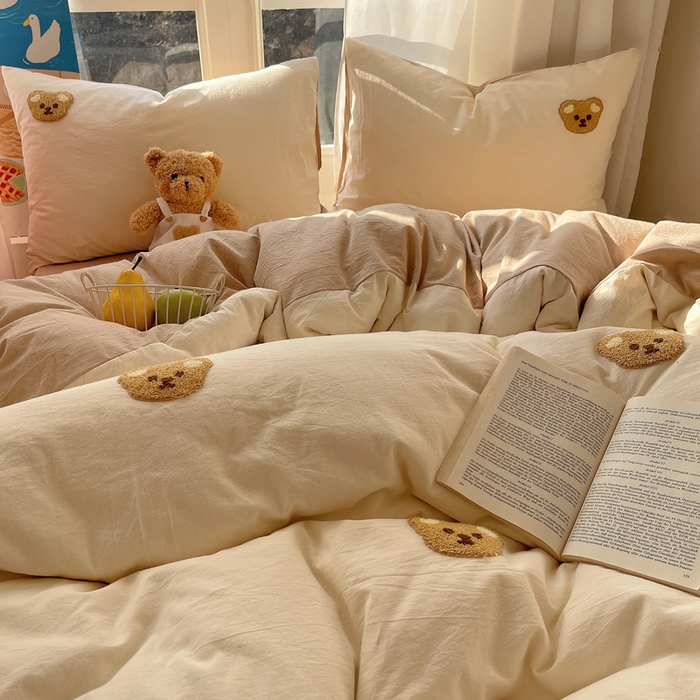 91家纺网 家纺一手货源 找家纺 慕尚家纺 2025新款春夏新款色织水洗棉毛巾绣四件套 嘟嘟熊 白