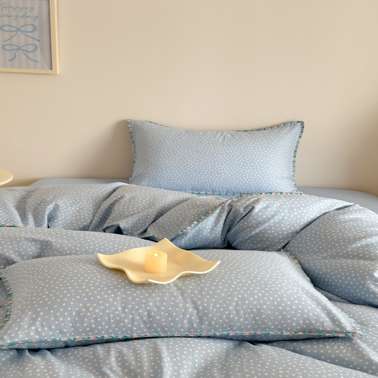 91家纺网 家纺一手货源 找家纺 2025新款工艺款全棉双层纱小清新贝壳边四件套 觅夏