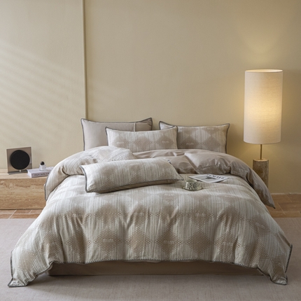 2025新款亲肤全棉三层纱提花四件套 菱格-露褐