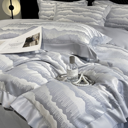 91家纺网 家纺一手货源 找家纺 宇航家纺 2025新款国风双色亮丝提花水洗真丝天丝四件套 万重山-薄雾灰