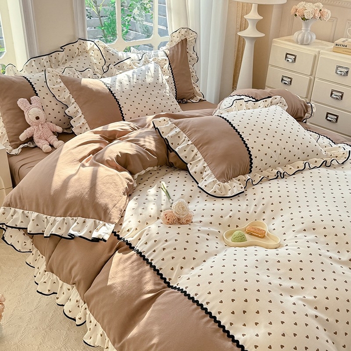 91家纺网 家纺一手货源 找家纺 大麦家纺 2025新款韩式花边亲肤棉四件套 爱心