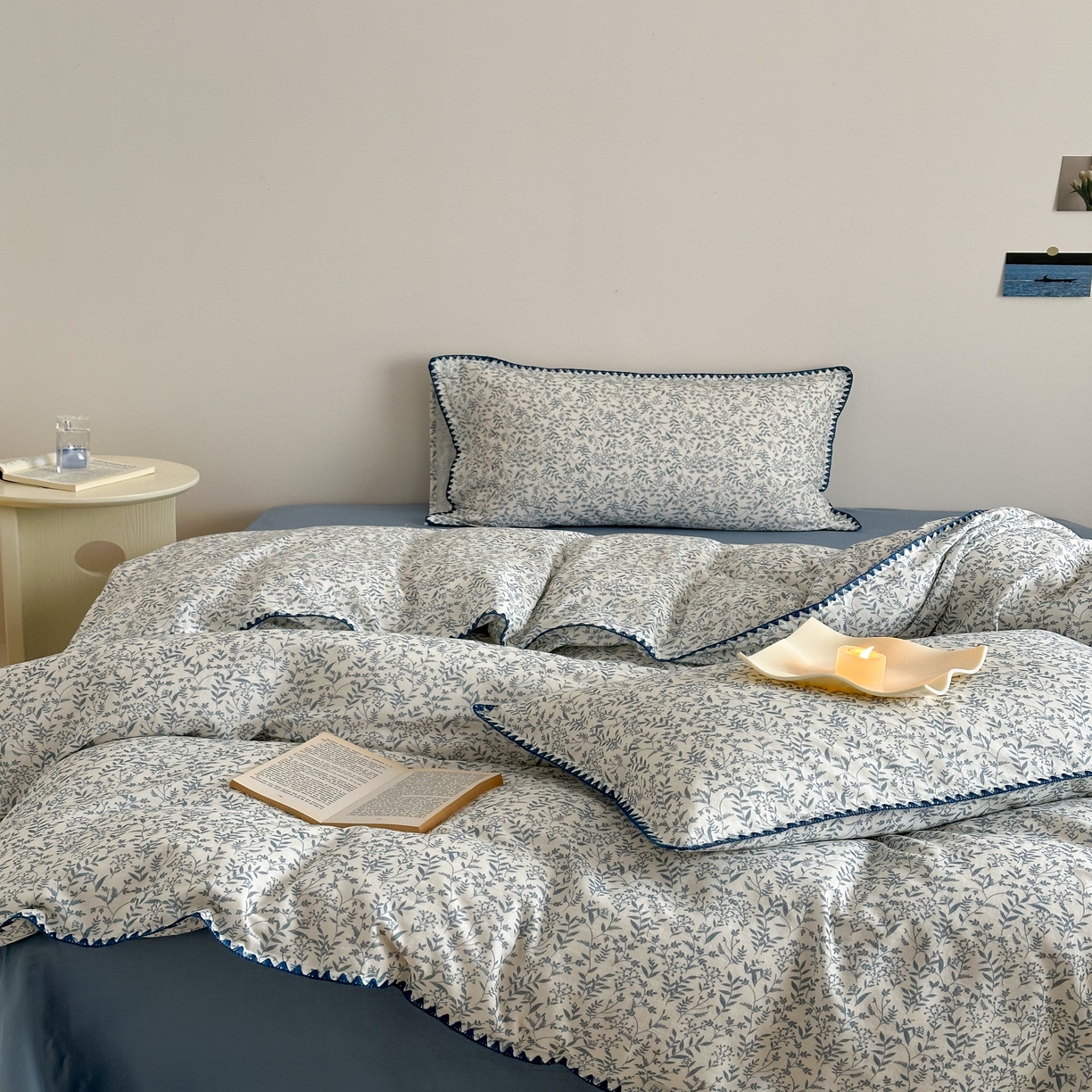 91家纺网 家纺一手货源 找家纺 2025新款工艺款全棉双层纱小清新贝壳边四件套 涟漪