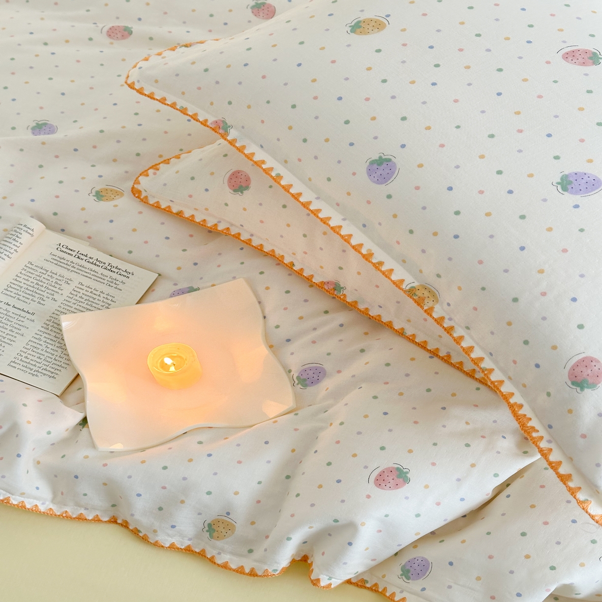 91家纺网 家纺一手货源 找家纺 2025新款工艺款全棉双层纱小清新贝壳边四件套 奶球