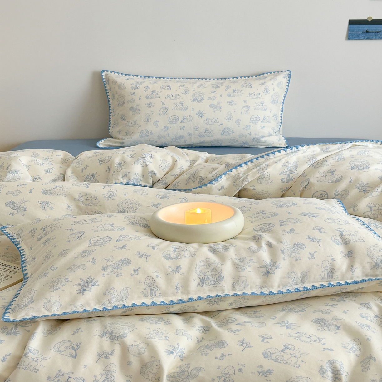 91家纺网 家纺一手货源 找家纺 2025新款春夏新品工艺款全棉双层纱贝壳边四件套 森林物语