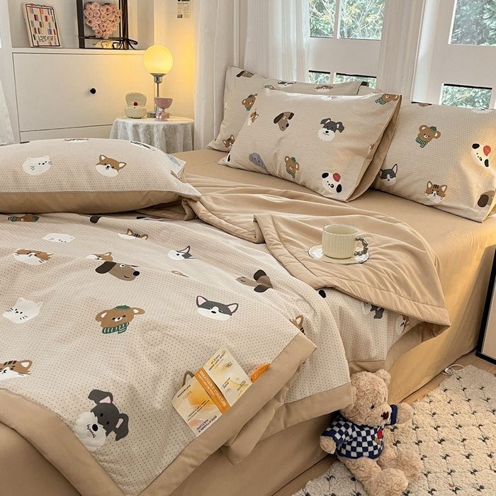 91家纺网 家纺一手货源 找家纺 一加一 2025新款A棉B水洗棉大豆夏被四件套 哈皮狗