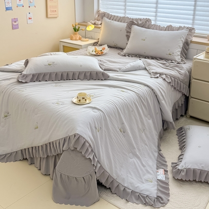 慕克斯 2025新款奶小棉韩版床盖款夏被四件套 洛丽雅-灰