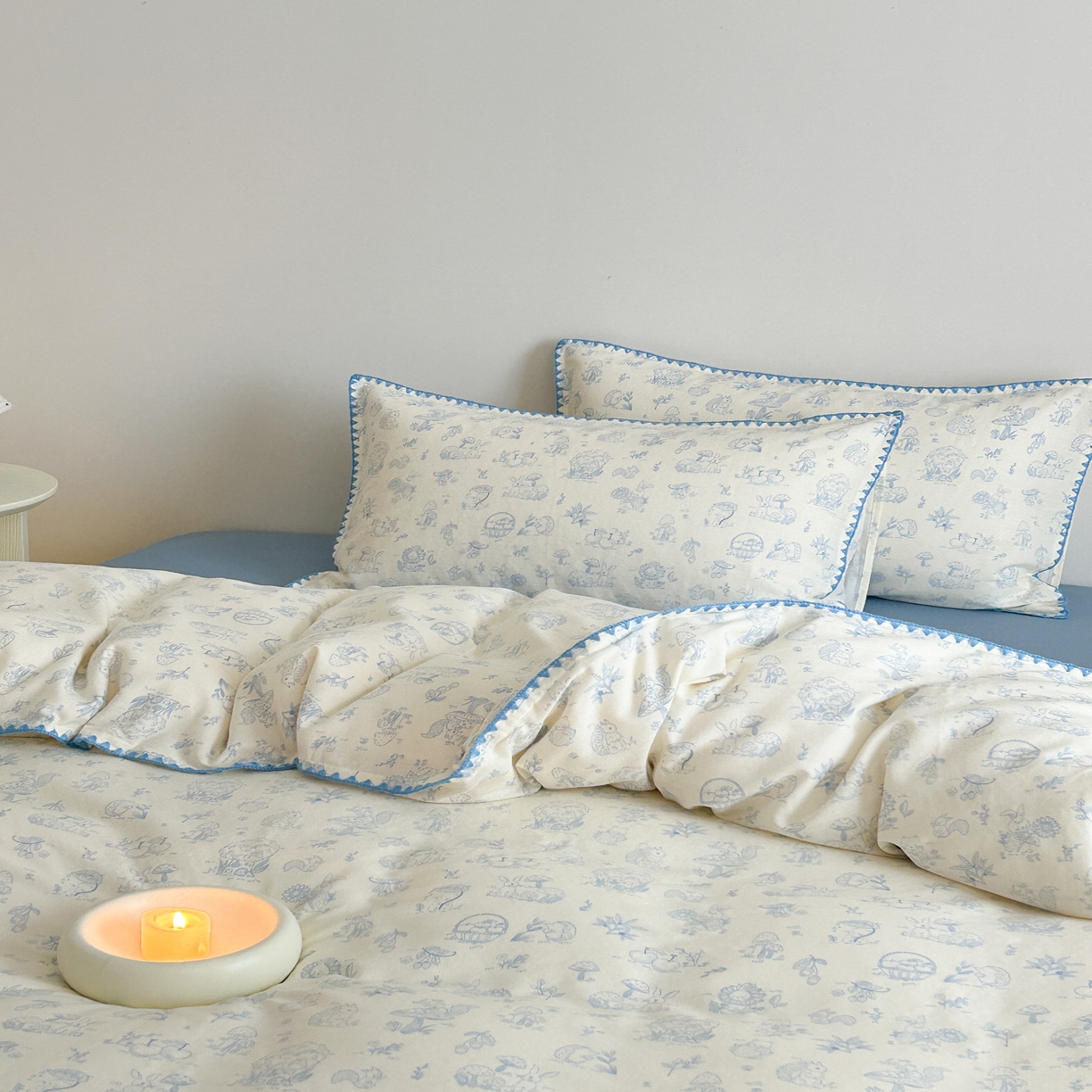 91家纺网 家纺一手货源 找家纺 2025新款工艺款全棉双层纱小清新贝壳边四件套 森林物语