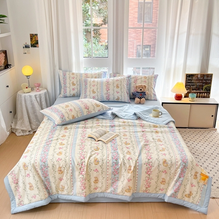 91家纺网 家纺一手货源 找家纺 一加一 2025新款A棉B水洗棉大豆夏被四件套 碎花小兔