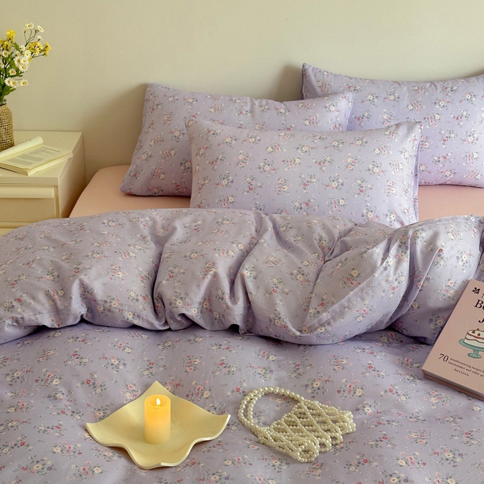 91家纺网 家纺一手货源 找家纺 塞纳 2026新款.全棉有氧双层纱四件套-场景一 汀花里-紫