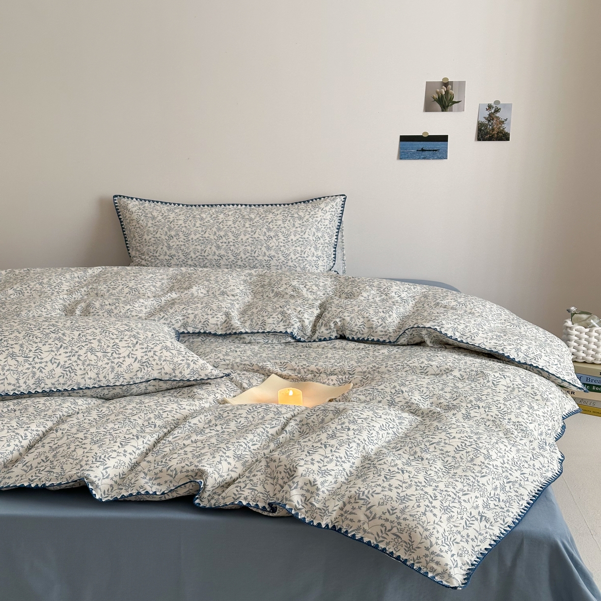 91家纺网 家纺一手货源 找家纺 2025新款工艺款全棉双层纱小清新贝壳边四件套 涟漪