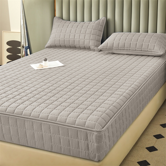 91家纺网 家纺一手货源 找家纺 欧邦 2025新款水洗原棉六面全包夹棉床笠 简雅灰