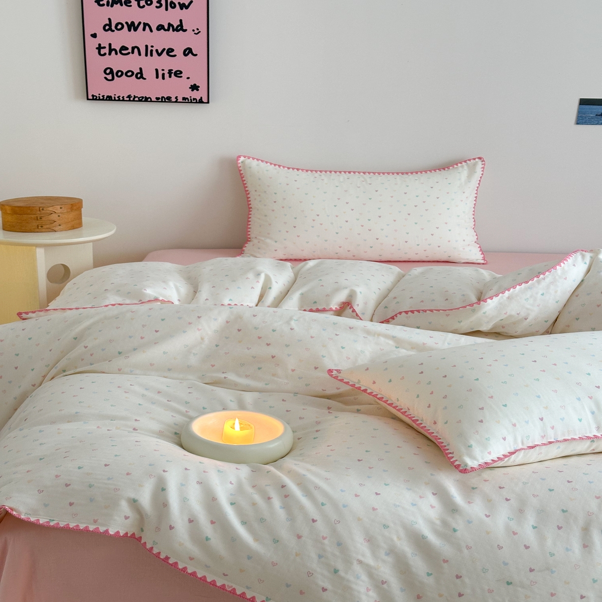 91家纺网 家纺一手货源 找家纺 2025新款工艺款全棉双层纱小清新贝壳边四件套 简爱