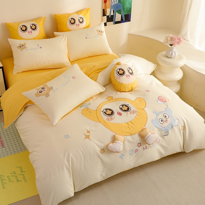 91家纺网 家纺一手货源 找家纺 绒棉世家 2025绒棉世家新款全棉水洗棉贴布绣专版四件套 蛋仔