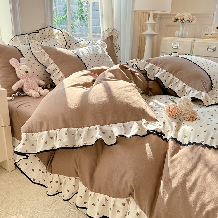 91家纺网 家纺一手货源 找家纺 大麦家纺 2025新款韩式花边亲肤棉四件套 爱心