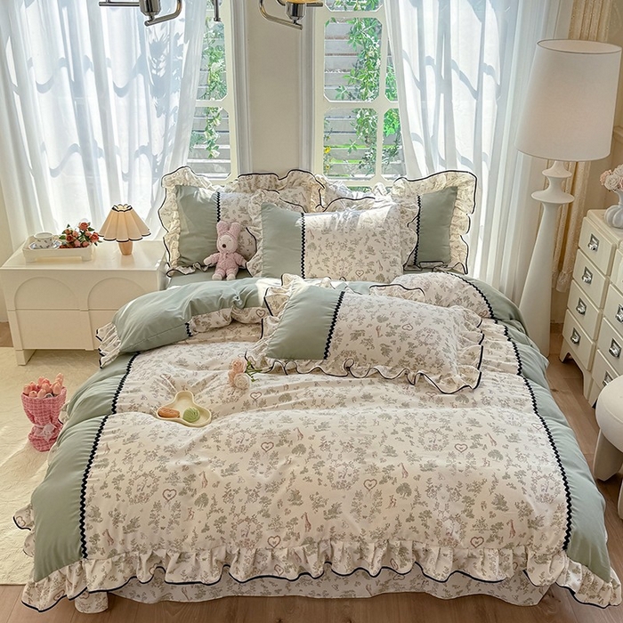 91家纺网 家纺一手货源 找家纺 大麦家纺 2025新款韩式花边亲肤棉四件套 花间小鹿