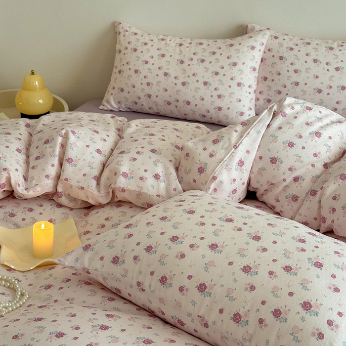 91家纺网 家纺一手货源 找家纺 塞纳 2026新款.全棉有氧双层纱四件套-场景一 艾莉花园-杏