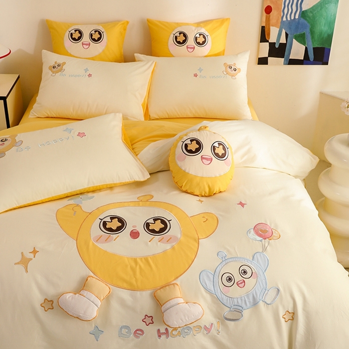 91家纺网 家纺一手货源 找家纺 绒棉世家 2025绒棉世家新款全棉水洗棉贴布绣专版四件套 蛋仔