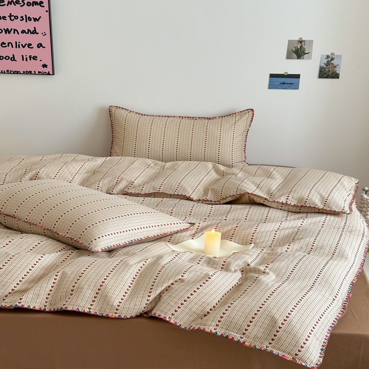 91家纺网 家纺一手货源 找家纺 2025新款工艺款全棉双层纱小清新贝壳边四件套 情初