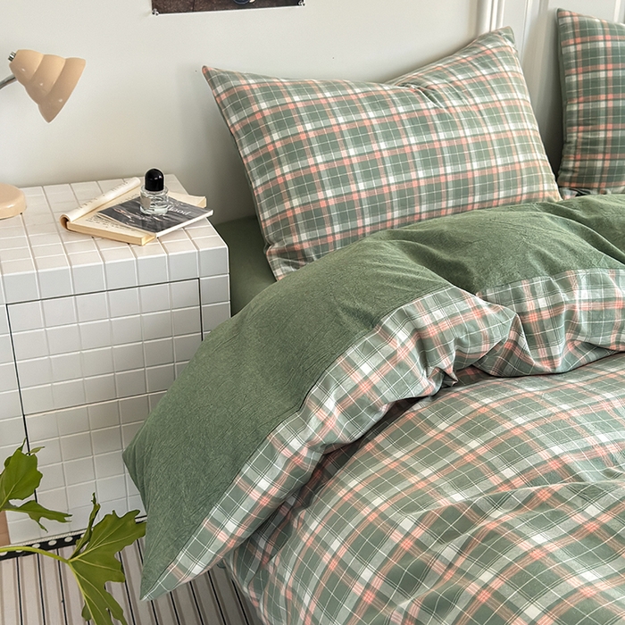 91家纺网 家纺一手货源 找家纺 玖弘家居 2025新款水洗棉格子系列四件套 映像格绿