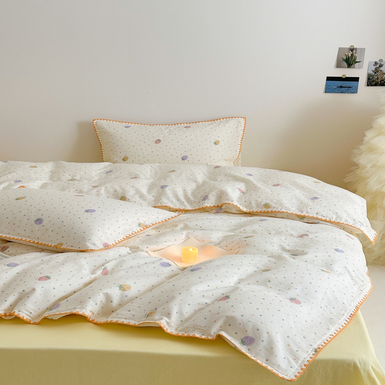 91家纺网 家纺一手货源 找家纺 2025新款工艺款全棉双层纱小清新贝壳边四件套 奶球