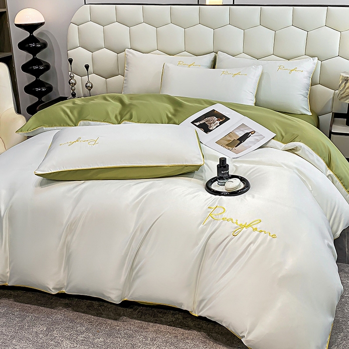 91家纺网 家纺一手货源 找家纺 富宁2025新款水洗真丝时光字母冰丝刺绣四件套 奶油白+绿