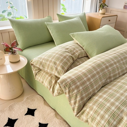 梦精灵家纺 2025新款全棉纯棉色织水洗棉床盖四件套加大尺寸单被套枕套 幻影绿
