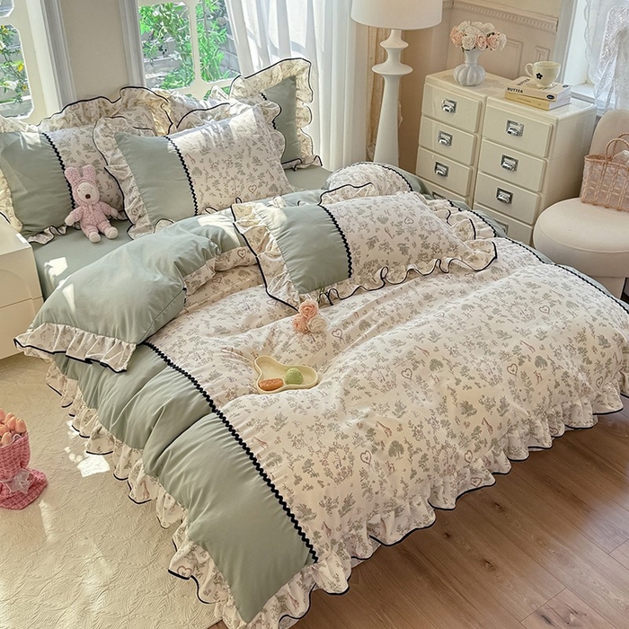 91家纺网 家纺一手货源 找家纺 大麦家纺 2025新款韩式花边亲肤棉四件套 花间小鹿