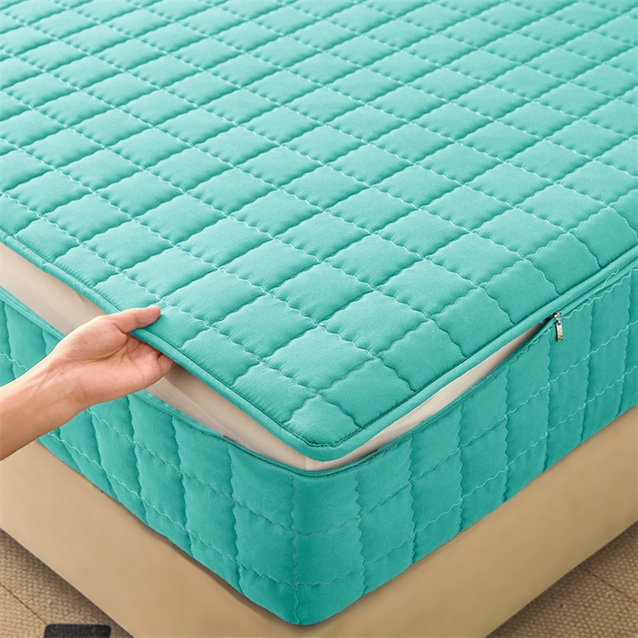 91家纺网 家纺一手货源 找家纺 欧邦 2025新款水洗原棉六面全包夹棉床笠 净水绿